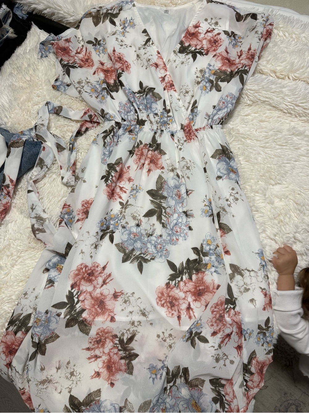 Amazon White Floral Girls Dress with Pink and Blue Blooms